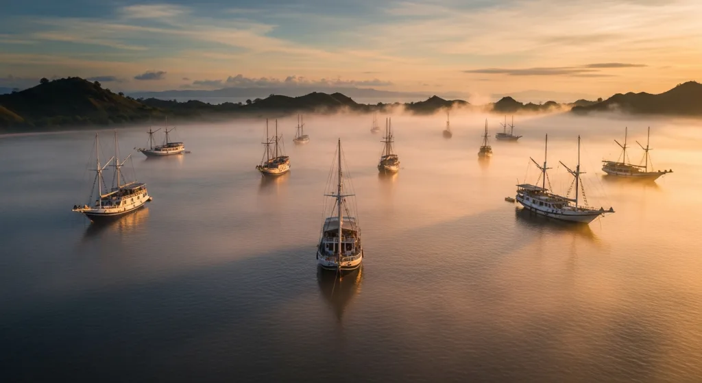 Phinisi yachts at anchor in Komodo Marine Park