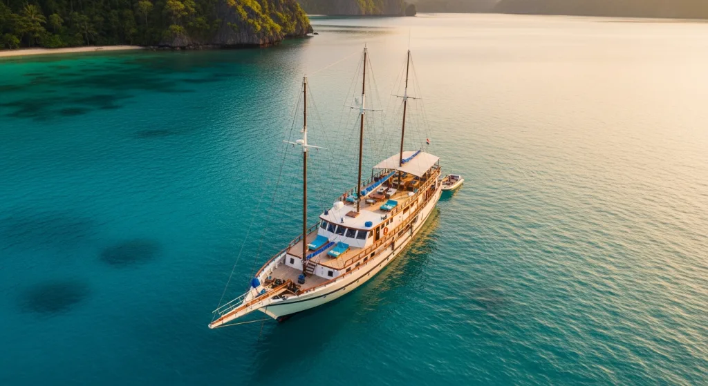 Phinisi at anchor in calm Indonesian waters during charter