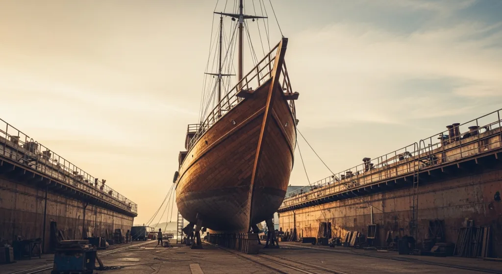 Phinisi yacht in dry dock at Tana Beru refit yard