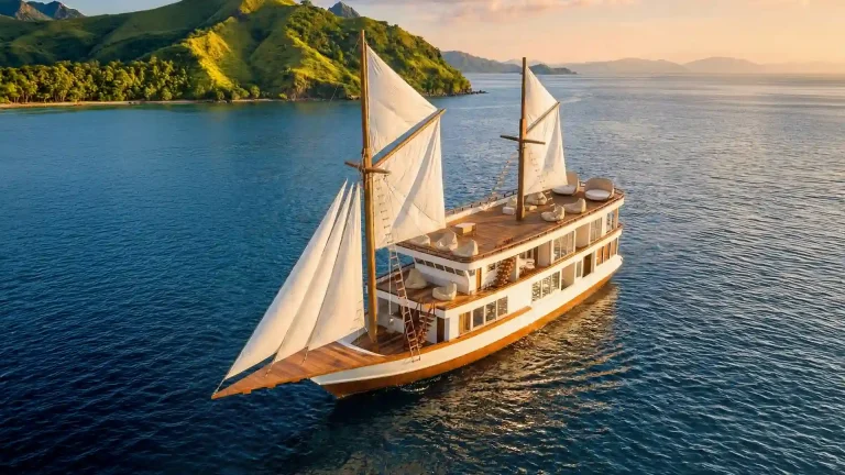 A phinisi under sail in Indonesian waters