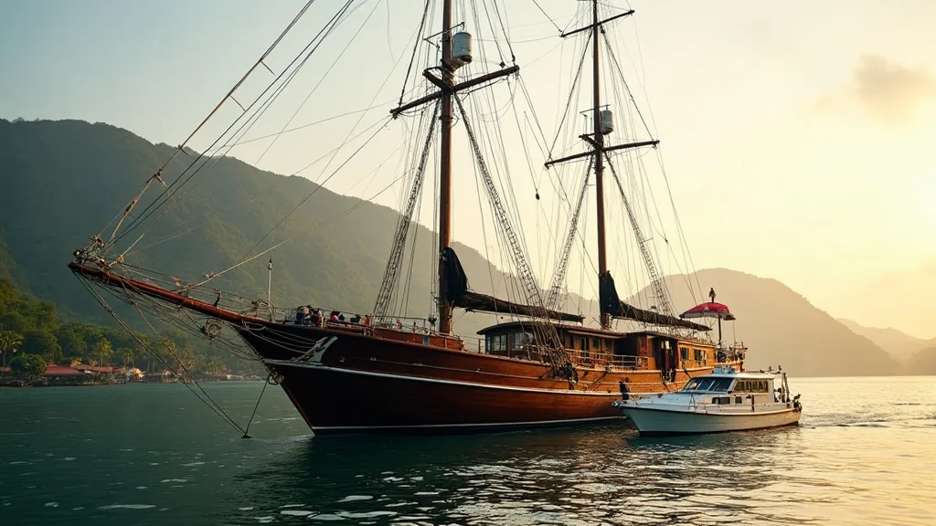 Phinisi yacht moored at Serangan Harbour Bali during buyer inspection