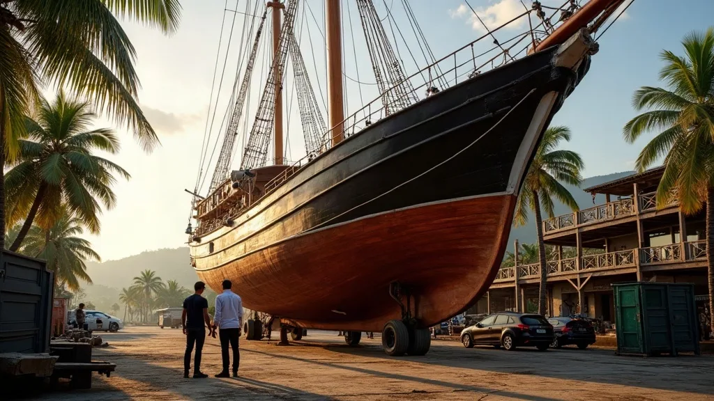 Surveyor inspecting a hauled-out phinisi hull before purchase in Indonesia