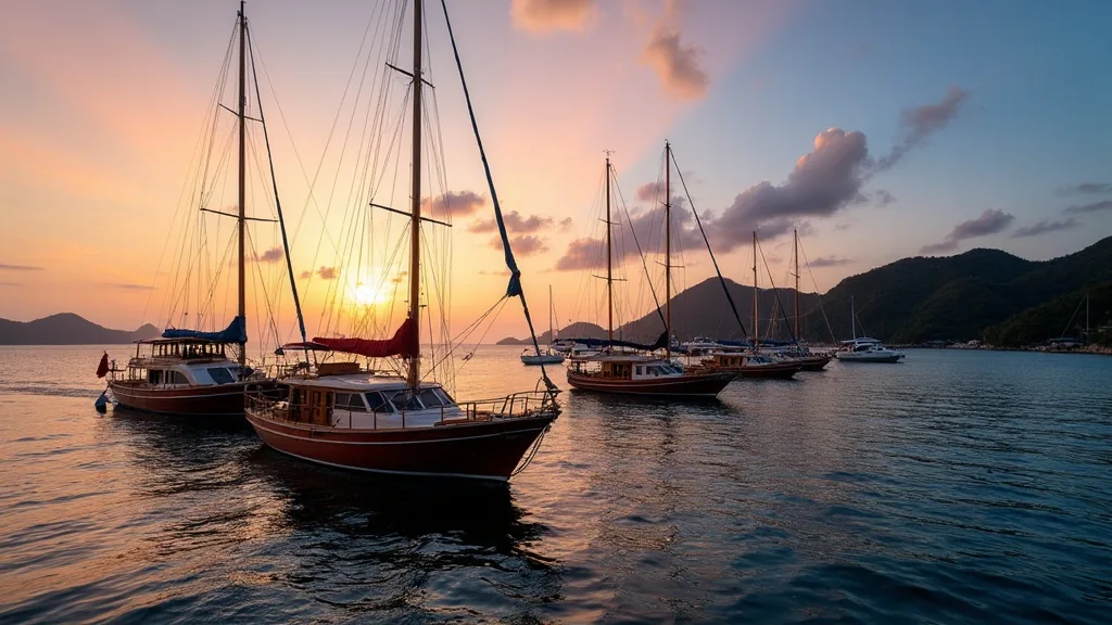 Phinisi fleet at anchor in Labuan Bajo harbour at dusk