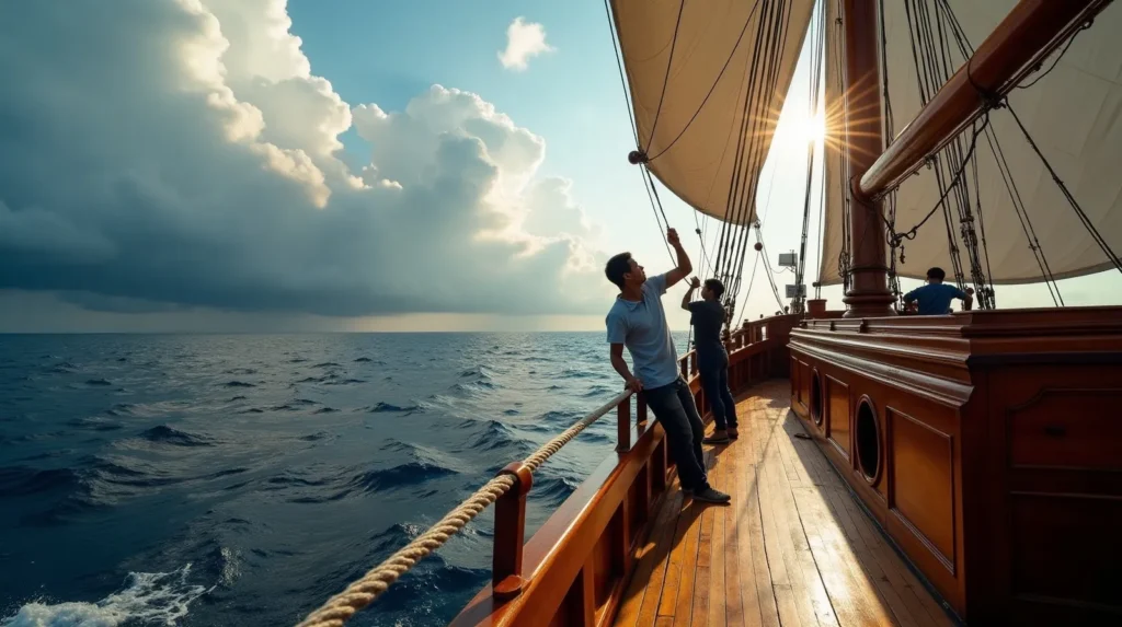 Crew tending sails aboard a phinisi yacht underway in Indonesian waters