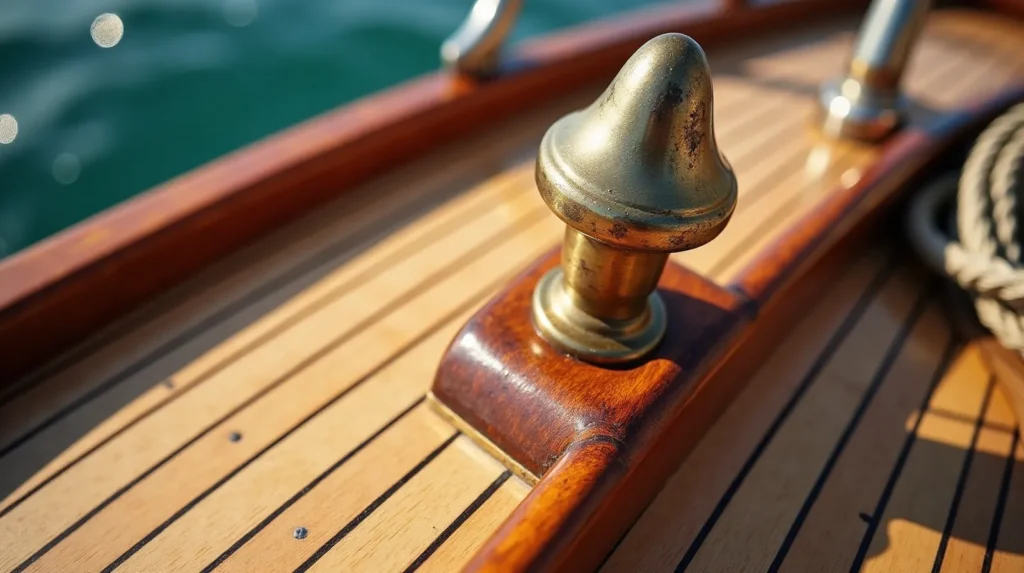 Sunlit worn teak deck and varnished rail of an ex-charter phinisi yacht in Indonesia