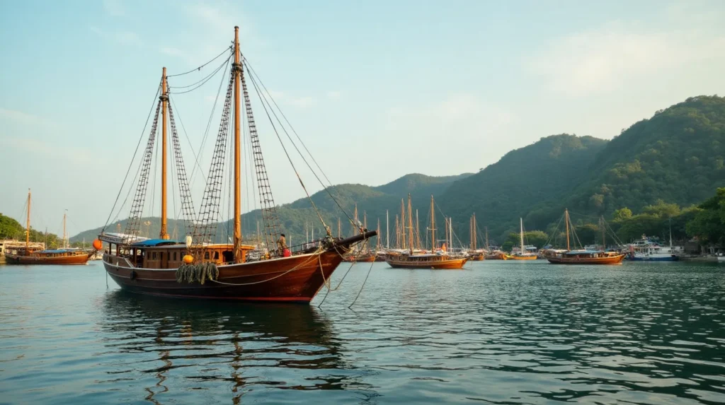Phinisi yachts moored at Serangan Bali with a second fleet visible in Labuan Bajo style anchorage