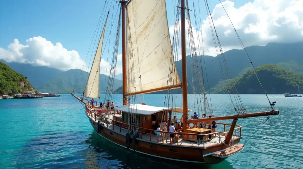 Traditional phinisi schooner at anchor in Labuan Bajo harbour during a buyer viewing