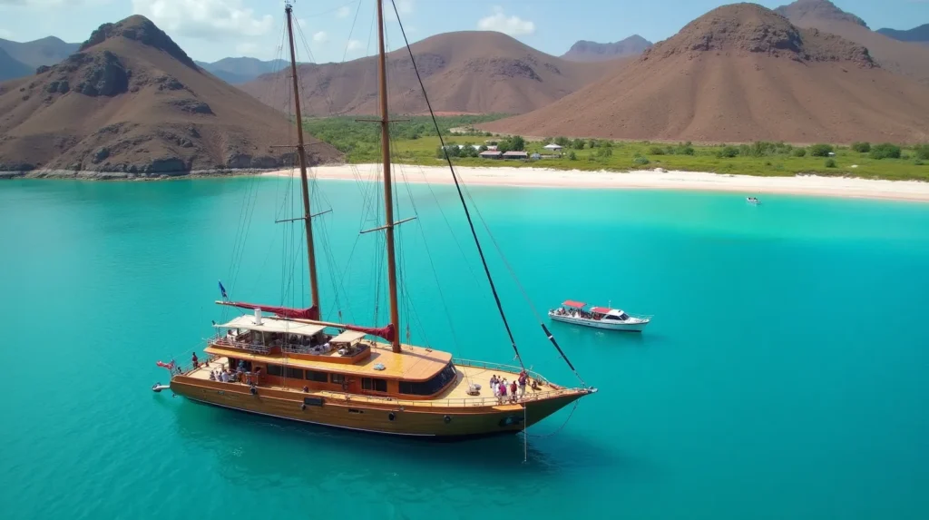 Phinisi yacht anchored in a turquoise Komodo bay with guests boarding a tender