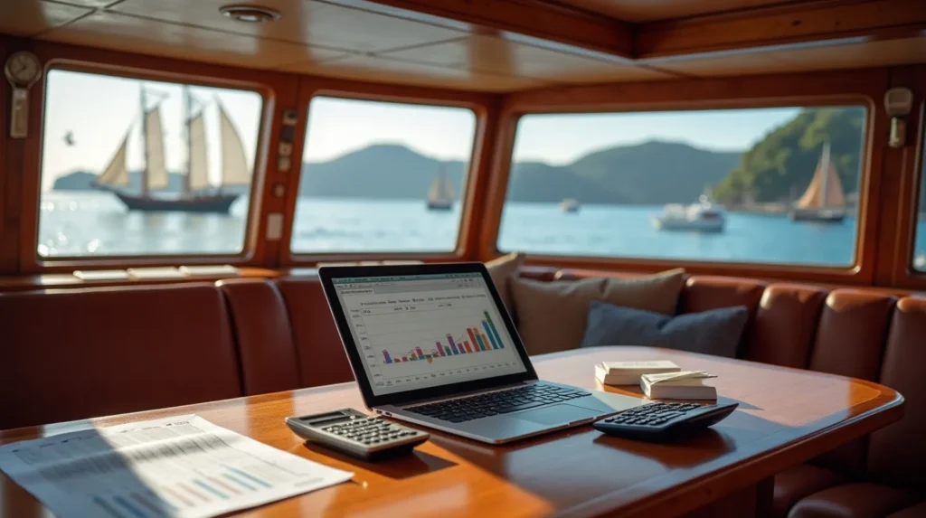 Laptop with financial spreadsheets beside phinisi harbour view in Labuan Bajo