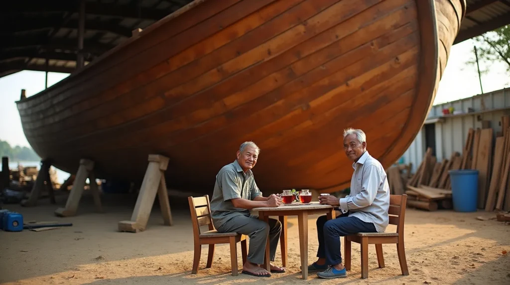 Buyer and Indonesian seller talking over tea beside a wooden phinisi hull at a Sulawesi yard