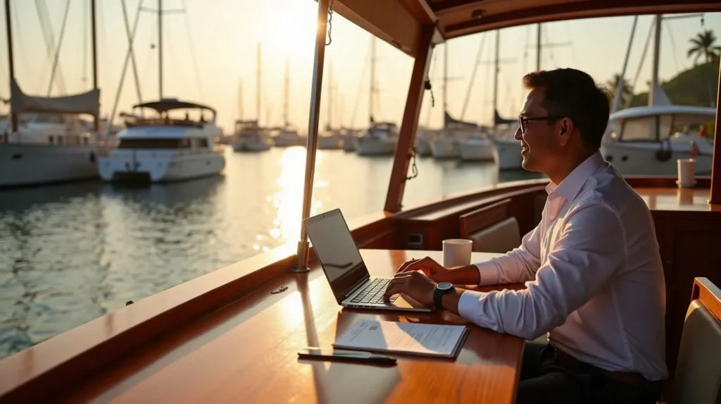 Owner working on acquisition finances aboard a phinisi yacht in a Bali harbour