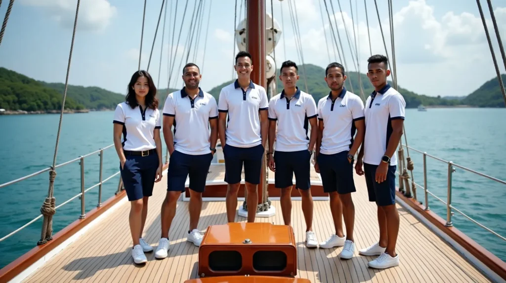Phinisi crew in uniform standing on the teak deck of a traditional Indonesian schooner
