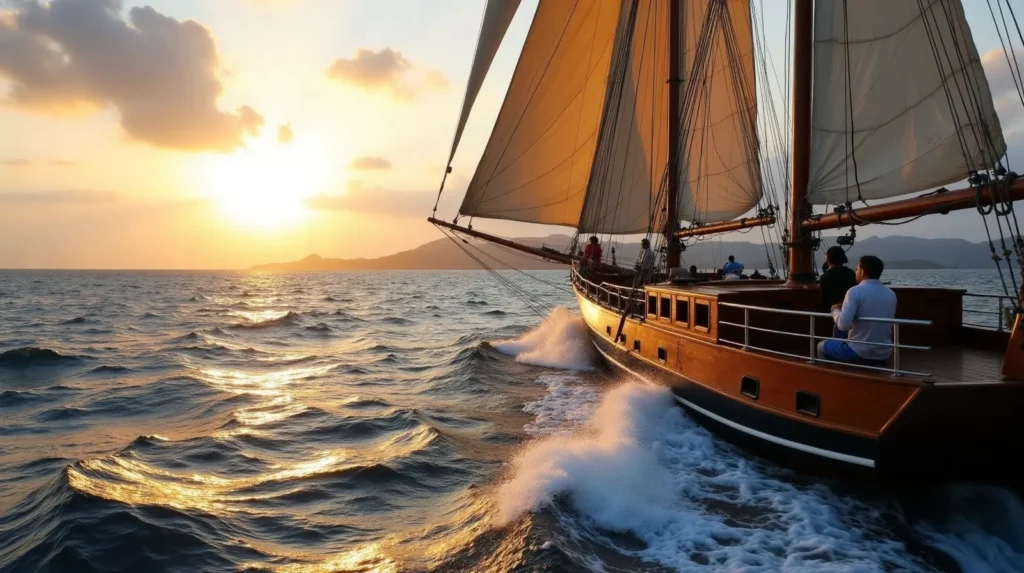 Phinisi under full sail on a delivery passage across the Flores Sea at golden hour