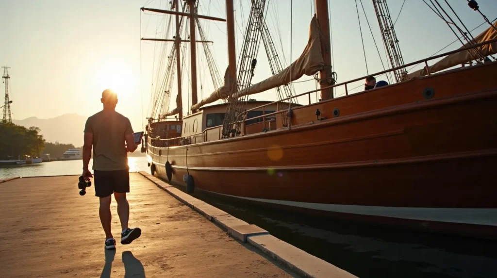 Buyer and surveyor reviewing a phinisi yacht dockside at Serangan harbour Bali
