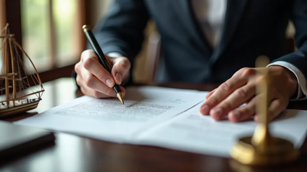 Purchase agreement for a phinisi yacht being signed at a notary desk in Bali