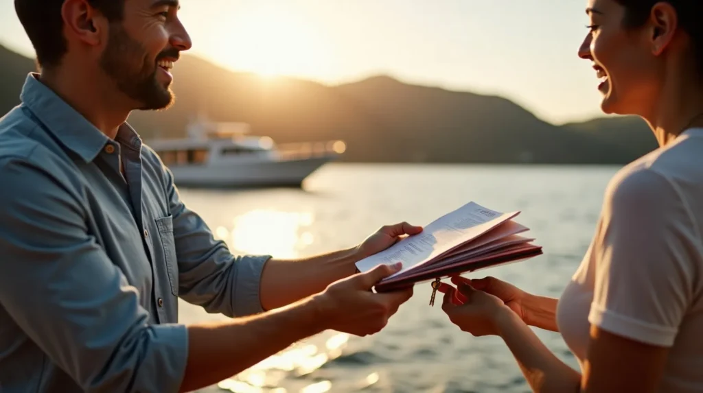 Handover of ship keys and documents on the aft deck of a phinisi in Labuan Bajo