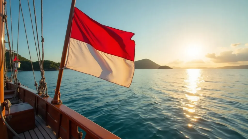 Indonesian flag flying from the stern of a registered phinisi yacht at anchor
