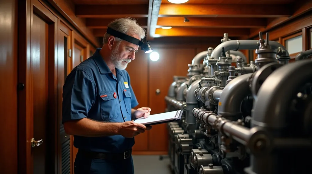 Engineer inspecting the engine room of a wooden phinisi yacht with a checklist