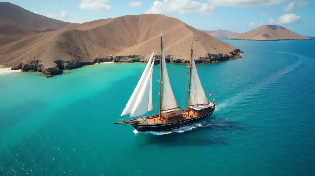 Well maintained phinisi yacht under sail in the Komodo islands seen from above