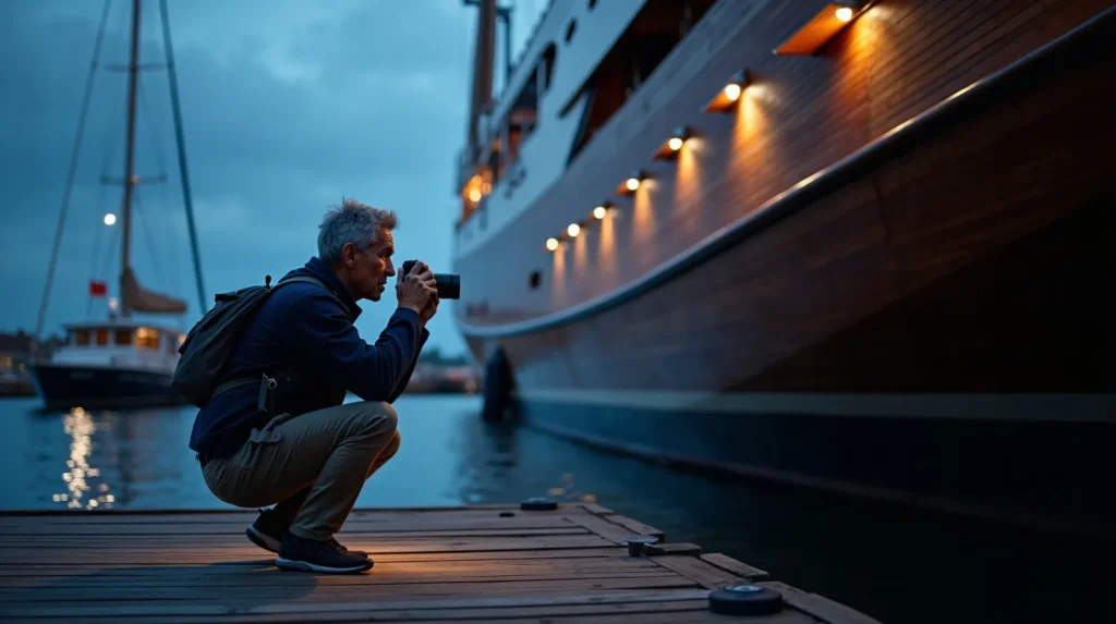 Buyer photographing hull planking of a phinisi at low light during a repeat viewing