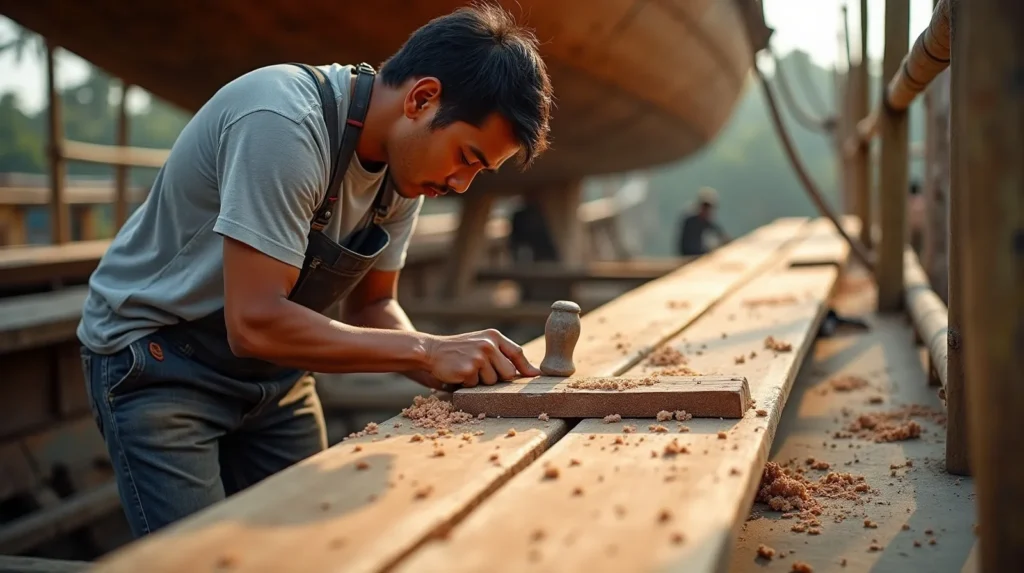 Shipwright repairing deck planking on a phinisi yacht in a Bali boatyard